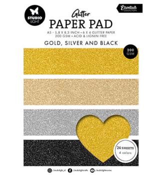 Studiolight, Glitter Paper Pad Gold, silver and black Essentials nr.209