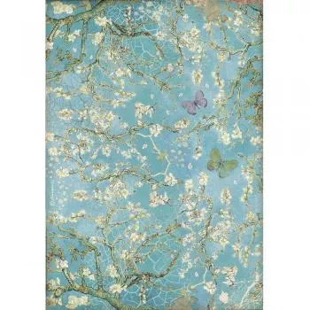 Stamperia Rice Paper Atelier Blossom Blue Background with Butterfly