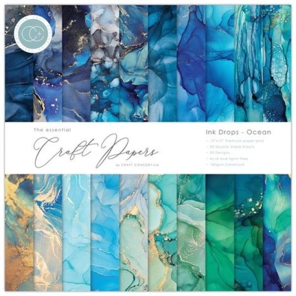 Craft Consortium, Essential Craft Papers 12x12 Inch Paper Pad Ink Drops Ocean